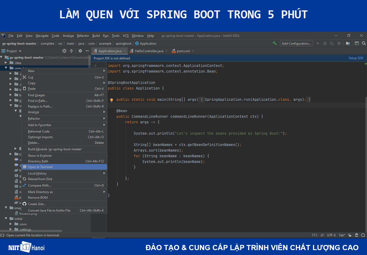 Mở Terminal để khởi chạy ứng dụng Spring Boot