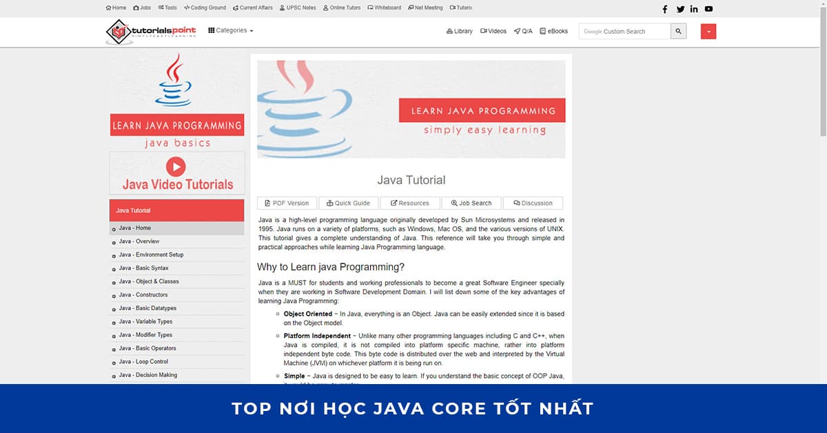 Học Java Core tại: Tutorial Point