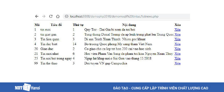 Kết quả sau khi Xóa thành công dữ liệu trong PHP