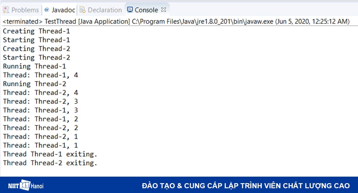 Kết quả của ví dụ lập trình đa luồng trong Java