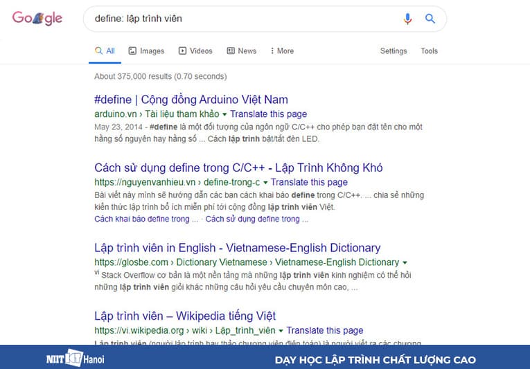 Sử dụng "define:" để tìm kiếm định nghĩa Tiếng việt trên Google