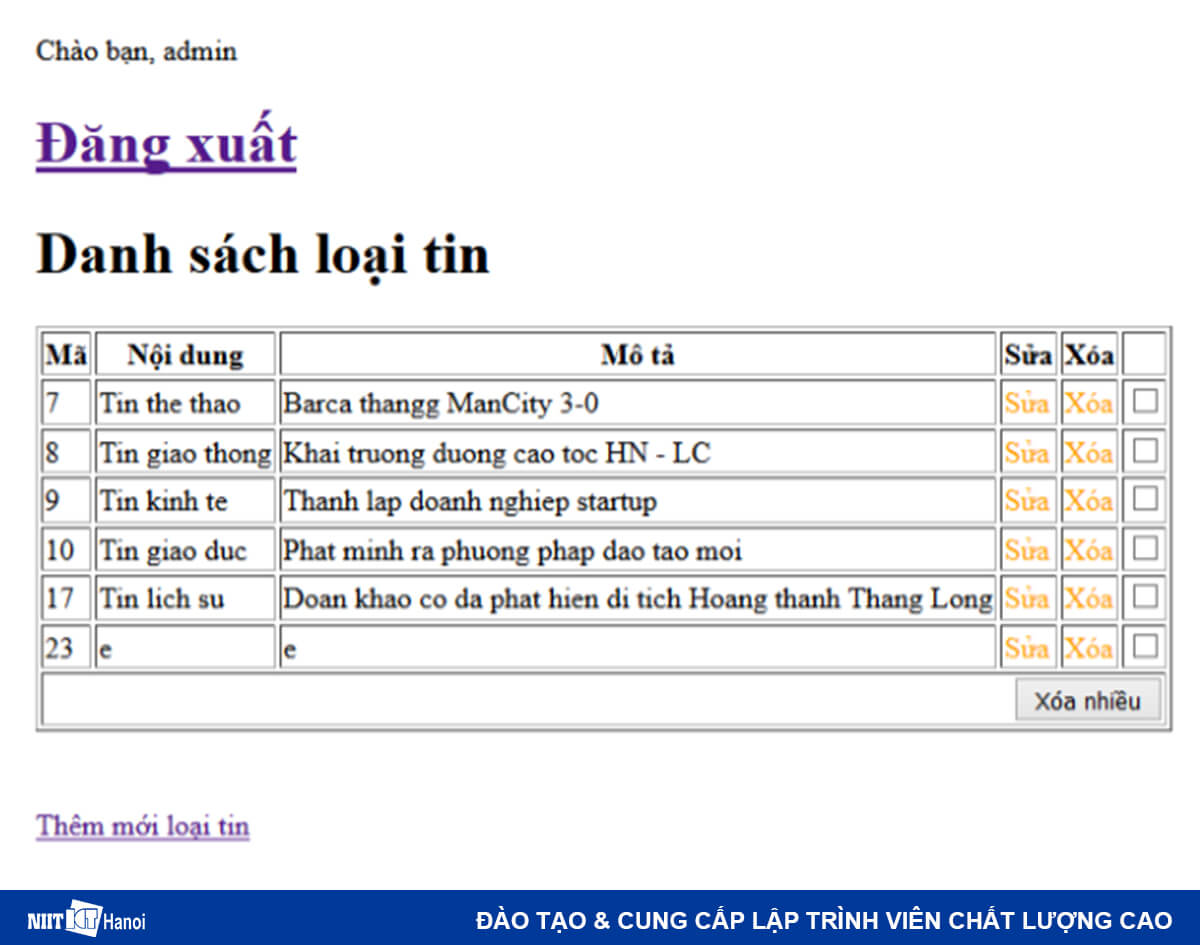 Chức năng Login / Logout với JSP và Servlet: Trang danh sách sau khi đăng nhập