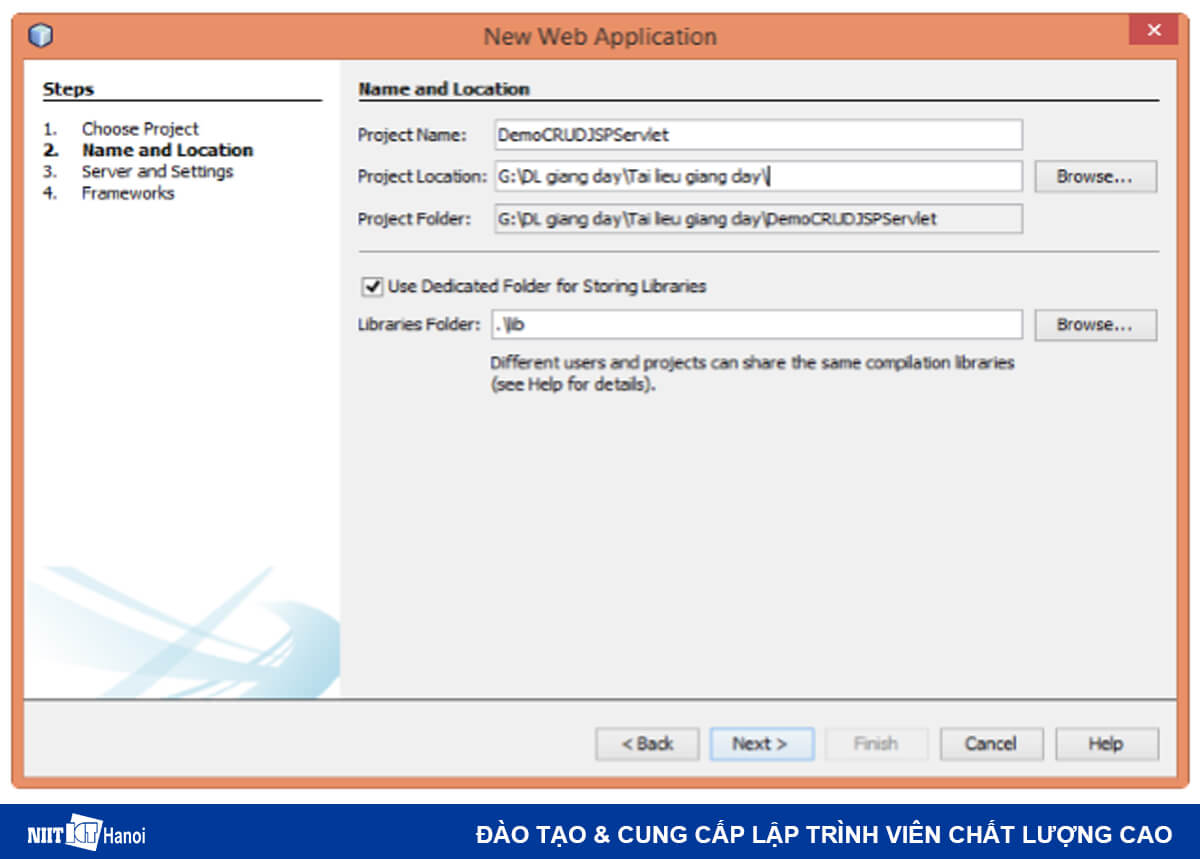 Chức năng Login / Logout với JSP và Servlet: Đặt tên và chọn đường dẫn lưu ứng dụng