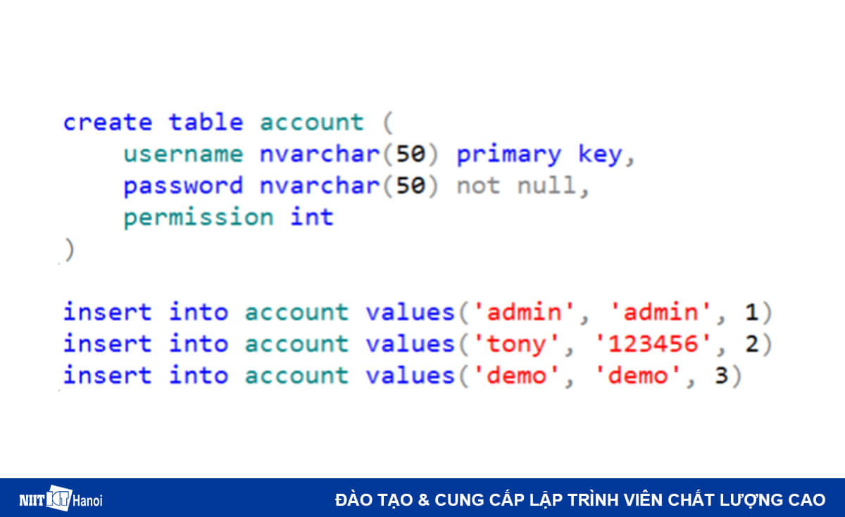 Chức năng Login / Logout với JSP và Servlet: Thêm một vài bản ghi vào CDSL