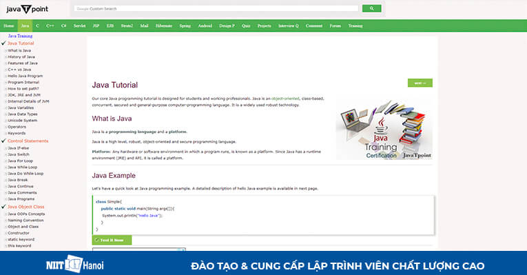 Trang web hướng dẫn lập trình Java: javaTpoint