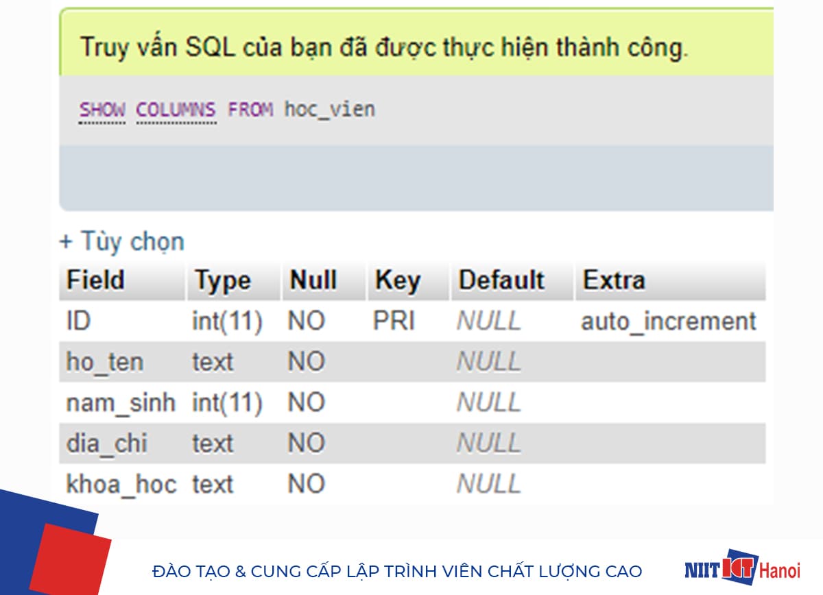 Demo Lệnh SHOW COLUMNS trong SQL