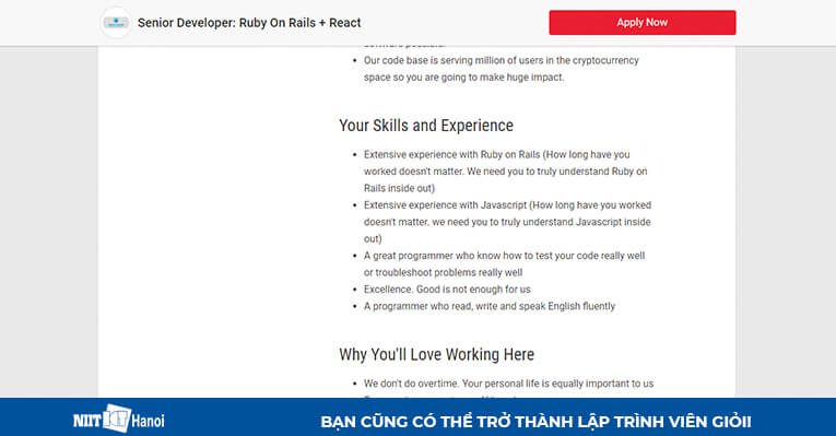 Yêu cầu kỹ năng, kinh nghiệm vị trí Senior Ruby on rails và React