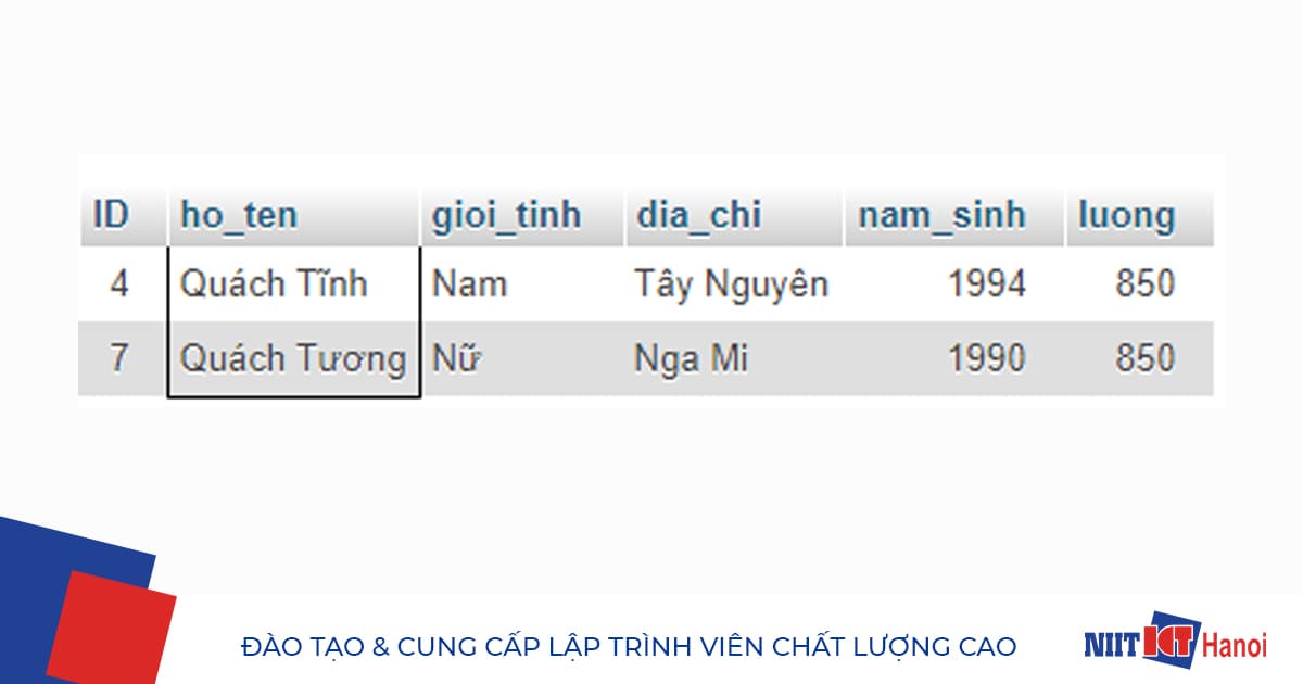 Ví dụ sử dụng toán tử LIKE trong truy vấn SQL