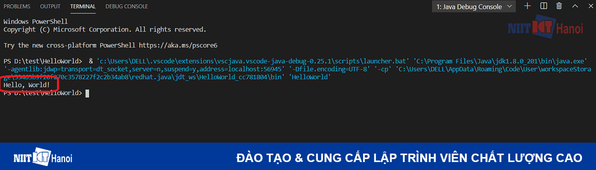 Kết quả khi chạy chương trình Java trên Visual Studio Code hiển thị trong Terminal