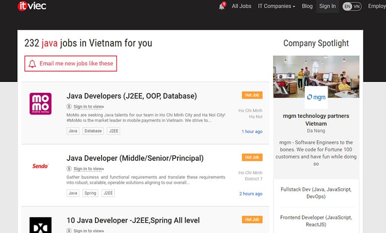 Số lượng tin tuyển dụng Java trên ITviec