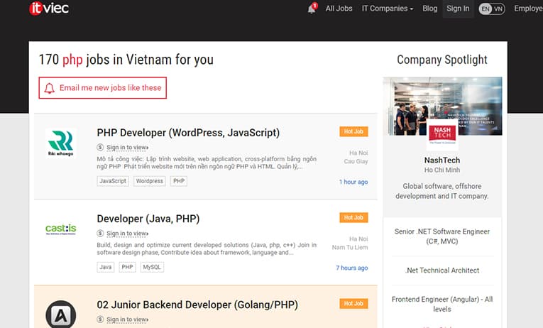 Số lượng tin tuyển dụng PHP trên ITviec