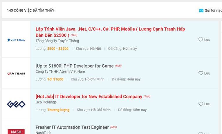 Số lượng tin tuyển dụng PHP trên Vietnamworks