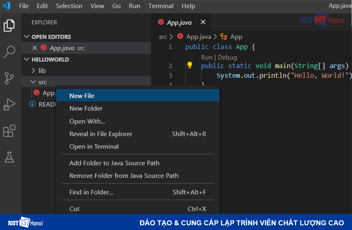 Tạo File Java mới trong Dự Án Java trên VS Code